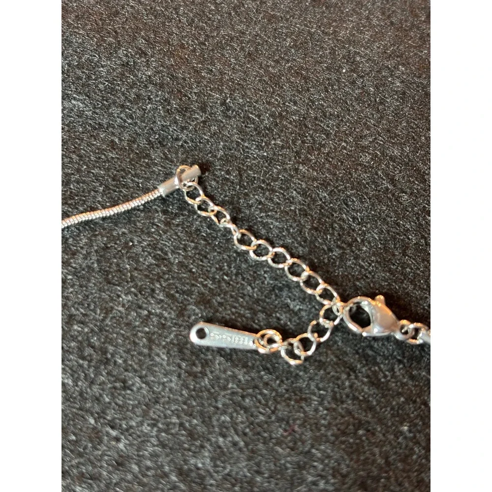 Silver Tone Cat Pendant Necklace White Stone Black Eyes Snake Chain Adjustable